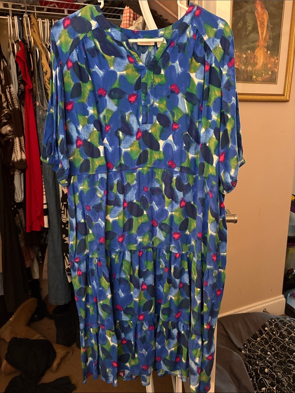 LOGO by Lori Goldstein Blue Floral Print Midi Dress with Green and Pink Accents